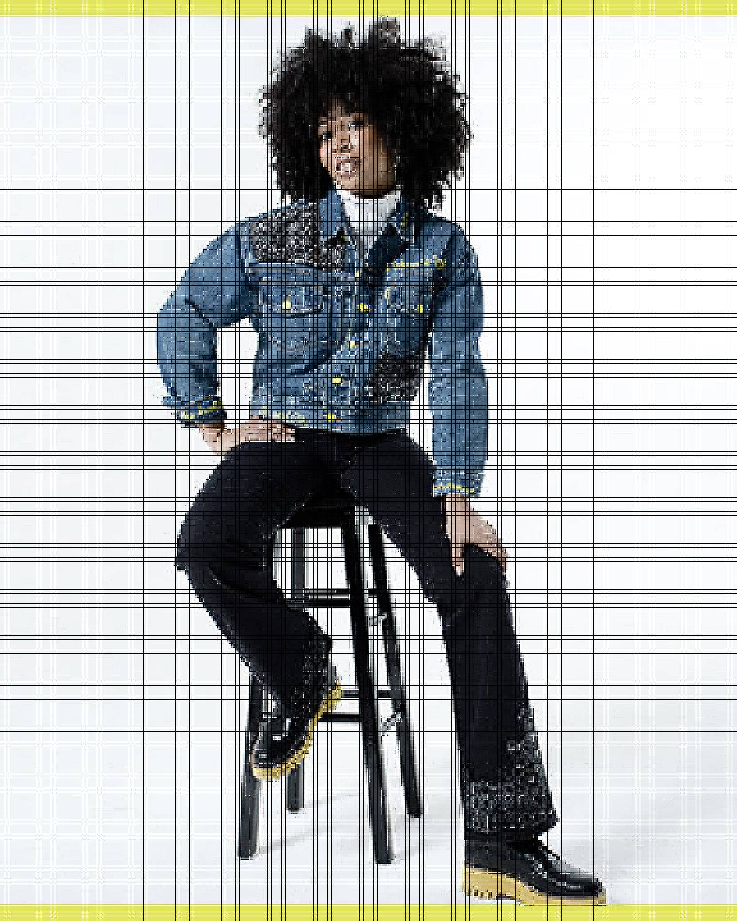 A portrait shot of Marrisa Wilson and two close up shots showcasing the custom jean jacket and pants designed in collaboration with Marrisa Wilson