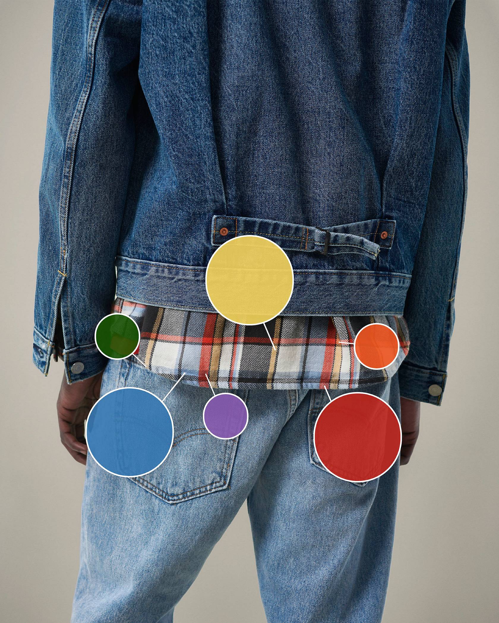 Buckshot of model in Trucker, jeans and flannel shirt with contemporary color wheel swatches pulled out 2022_fall_outfits