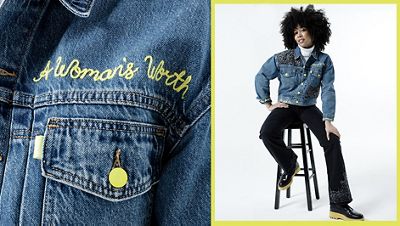 A portrait shot of Marrisa Wilson and two close up shots showcasing the custom jean jacket and pants designed in collaboration with Marrisa Wilson