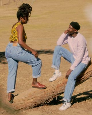 Three images side by side, two of flowers and the middle showing Jihaari Terry and Essence Harden standing together.