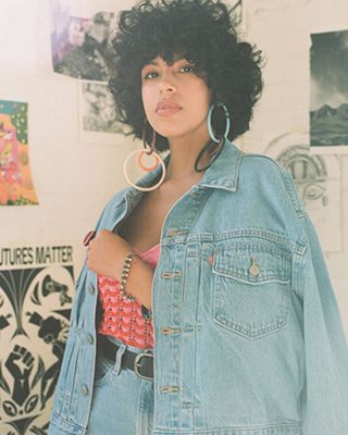 Portrait of Salomée Souag in her studio with images of her paintings on either side.