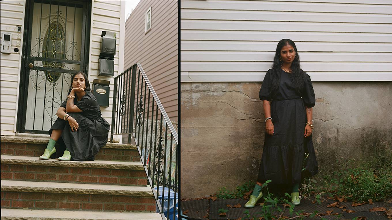 Side by side portraits of Fariha Róisín standing outside her home in New York City.