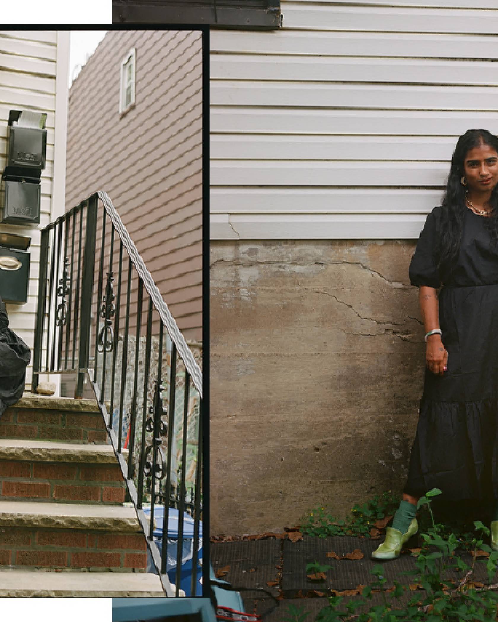 Side by side portraits of Fariha Róisín standing outside her home in New York City.