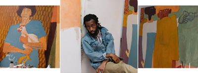 Portrait of Joonbug with his paintings.