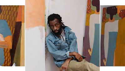 Portrait of Joonbug with his paintings.