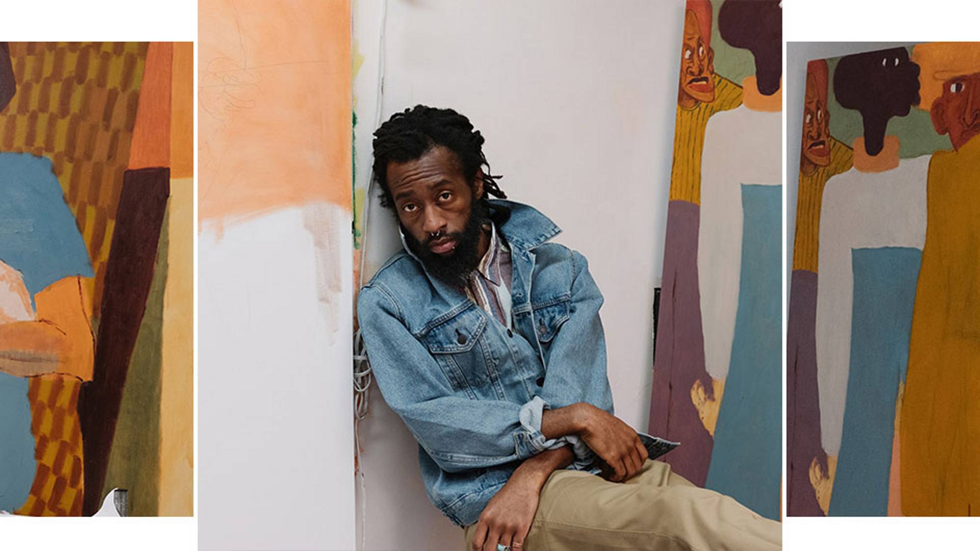 Portrait of Joonbug with his paintings.