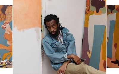 Portrait of Joonbug with his paintings.