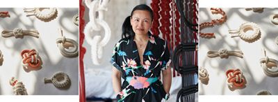 Portrait of Windy Chien between images of her fiber work.