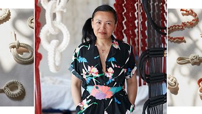 Portrait of Windy Chien between images of her fiber work.