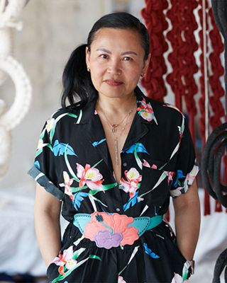 Portrait of Windy Chien between images of her fiber work.