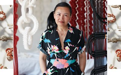 Portrait of Windy Chien between images of her fiber work.