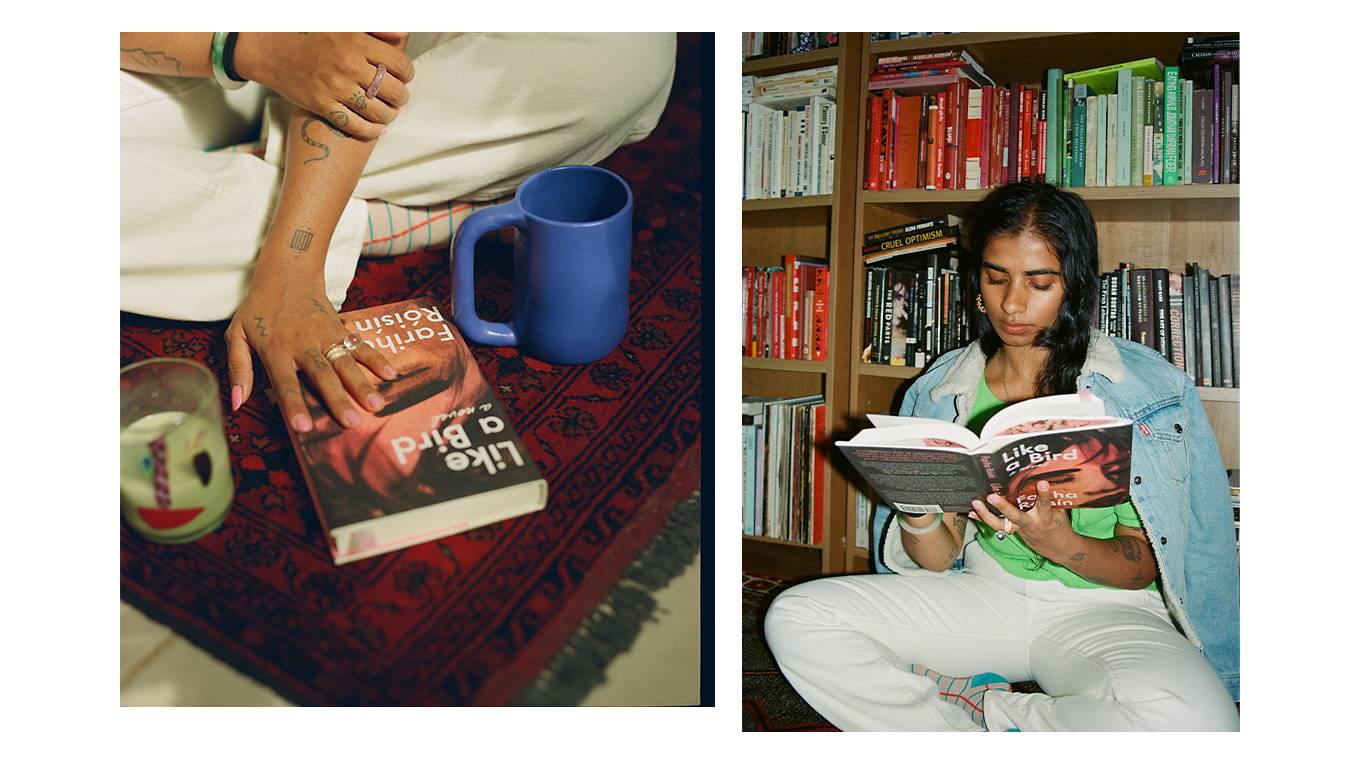 Photos of Fariha Róisín with her book, Like a Bird, in her home.