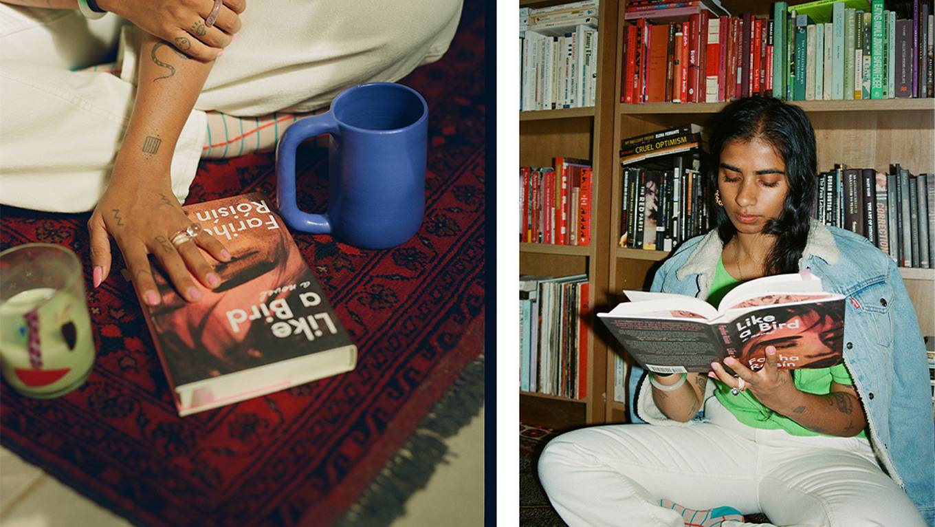 Photos of Fariha Róisín with her book, Like a Bird, in her home.