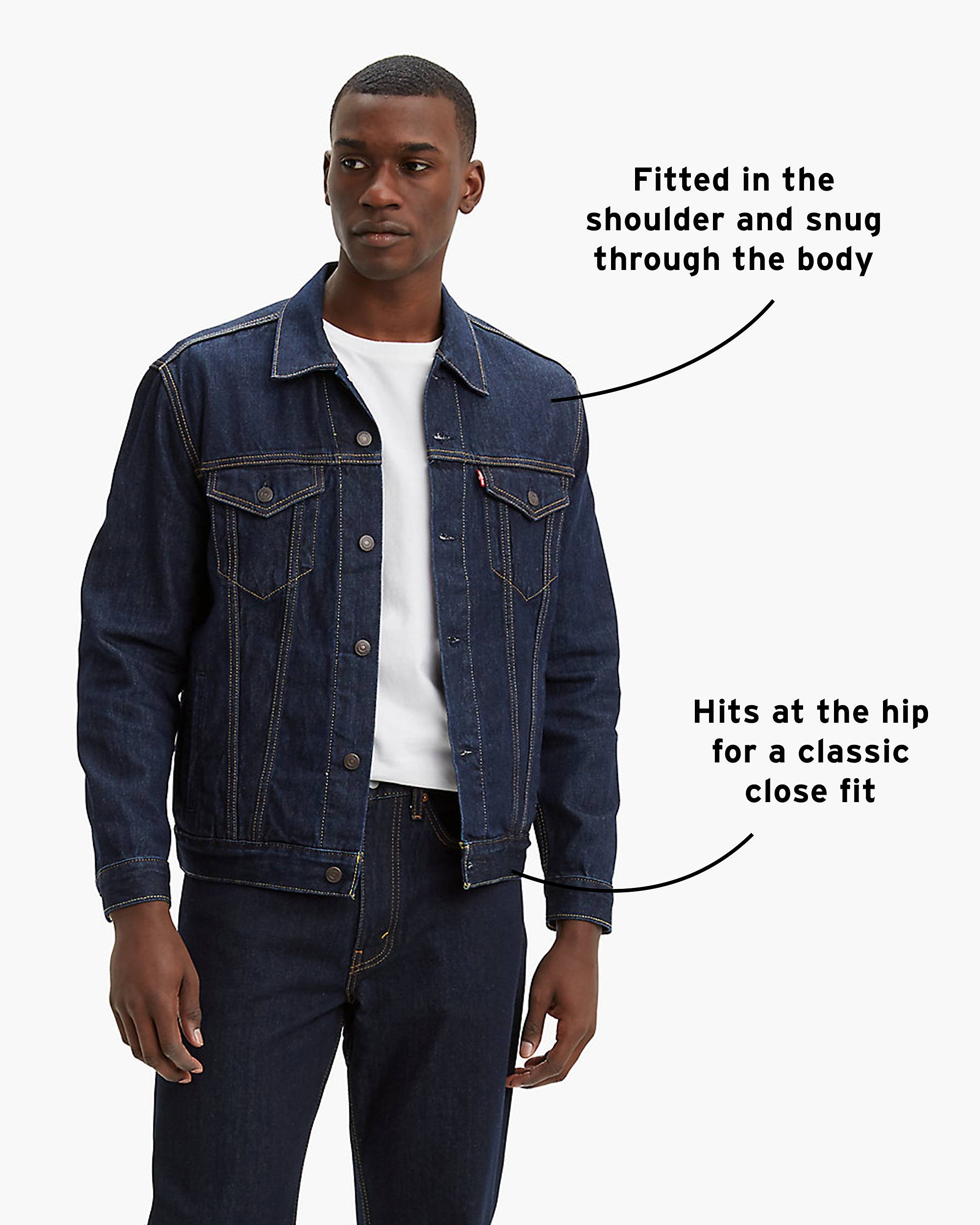 Model wearing trucker jacket with copy: "fitted in the shoulder and snug through the body, hits at the hip for a classic close fit"