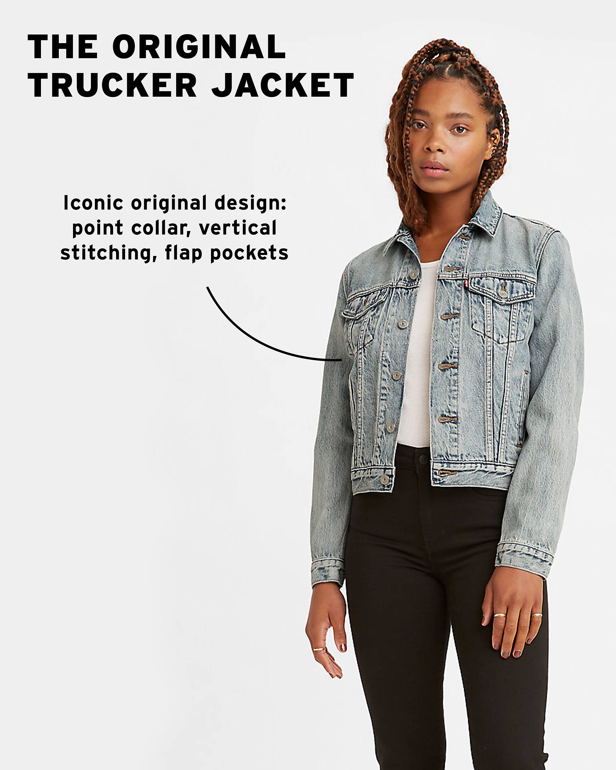 Model wearing Trucker Jacket with copy: "The Original Trucker, iconic original design: point collar, vertical stitching, flap pockets"