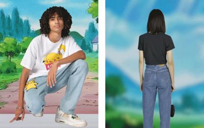 A man crouching wearing a white t shirt and a model turning around wearing a black t shirt and jeans