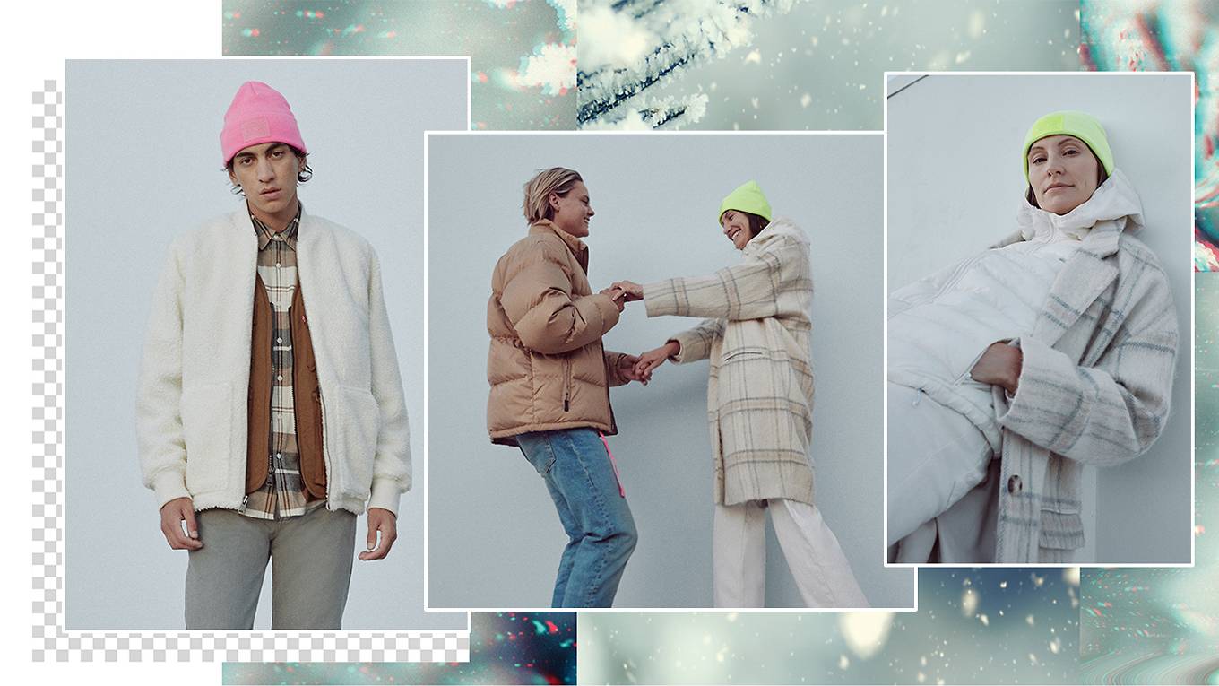 Group of people in winter outfits and neon hats