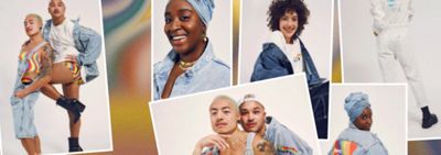 different polaroids showing different people wearing pieces from the 2021 Pride Collection