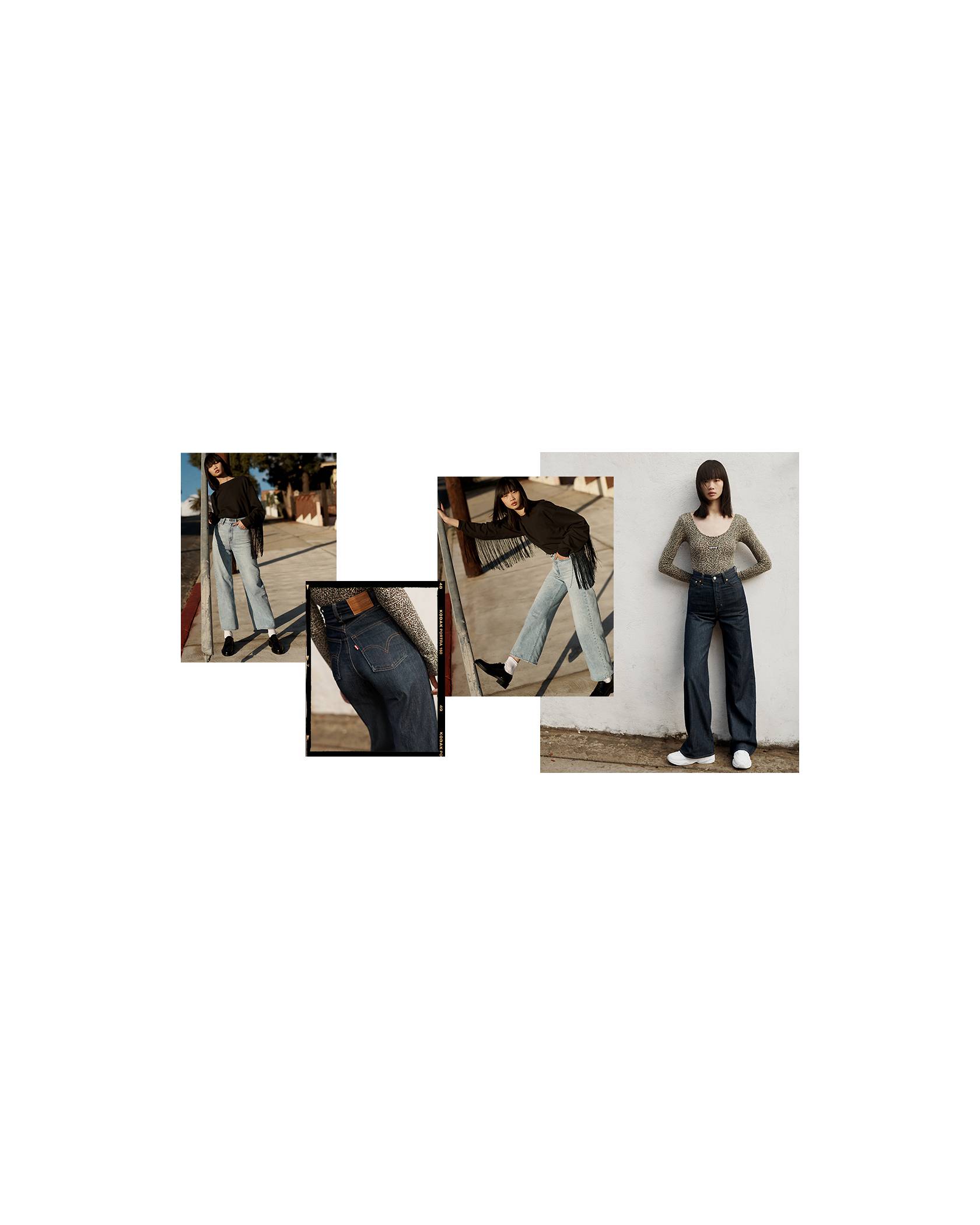 woman wearing high rise denim jeans
