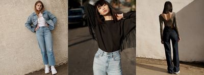 3 women wearing high rise jeanns