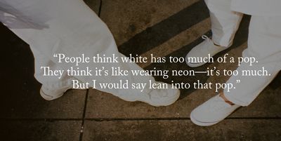 Photo of Haley and Gem's white sneakers with a text overlay reading: "People think white has too much of a pop. They think it's like wearing neon---it's too much. But I would say lean into that pop."