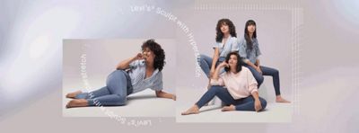 Three women sitting together wearing Levi's Sculpt jeans