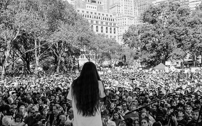 Xiuhtezcatl performs at the New York Climate Strike in 2019.