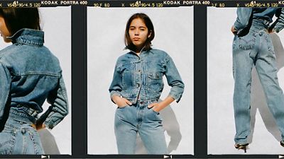 Photo strip of Xiye Bastıda. She is wearing a Levi's Trucker jacket and Levi's jeans with black heels.