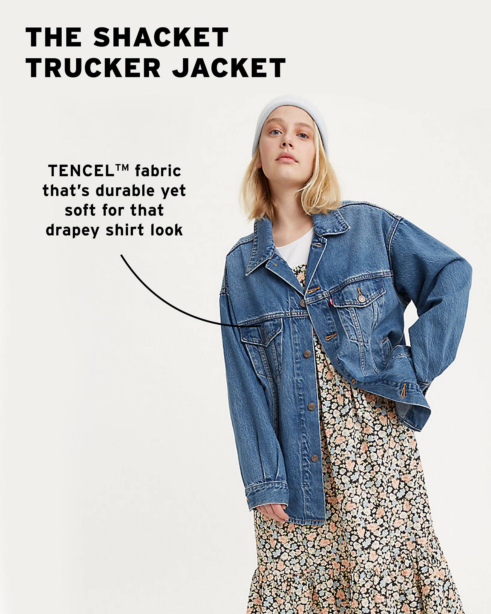 Model in Shacket Trucker jacket with copy: "TENCEL fabric that’s durable yet soft for that drapey shirt look"