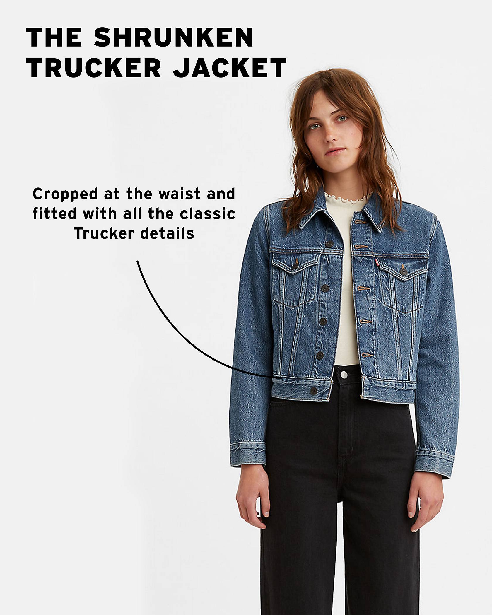 Model wearing Shrunken Trucker jacket with copy: "Cropped at the waist and fitted with all ofthe classic Original Trucker details, "