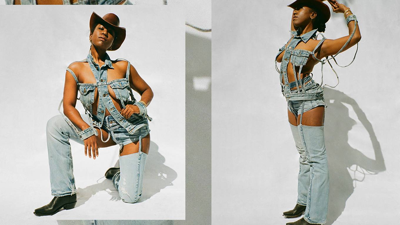 Photos of a woman wearing denim on denim with a cowboy hat and black boots.