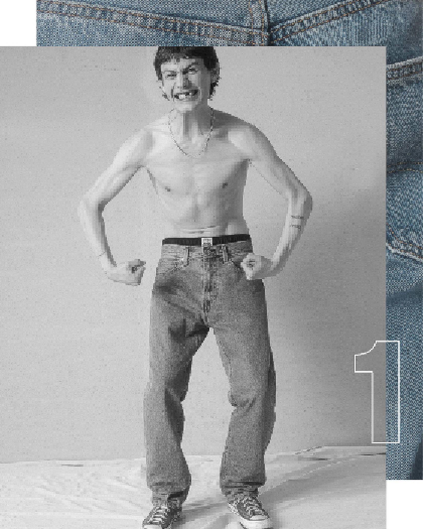 man without shirt and wearing jeans