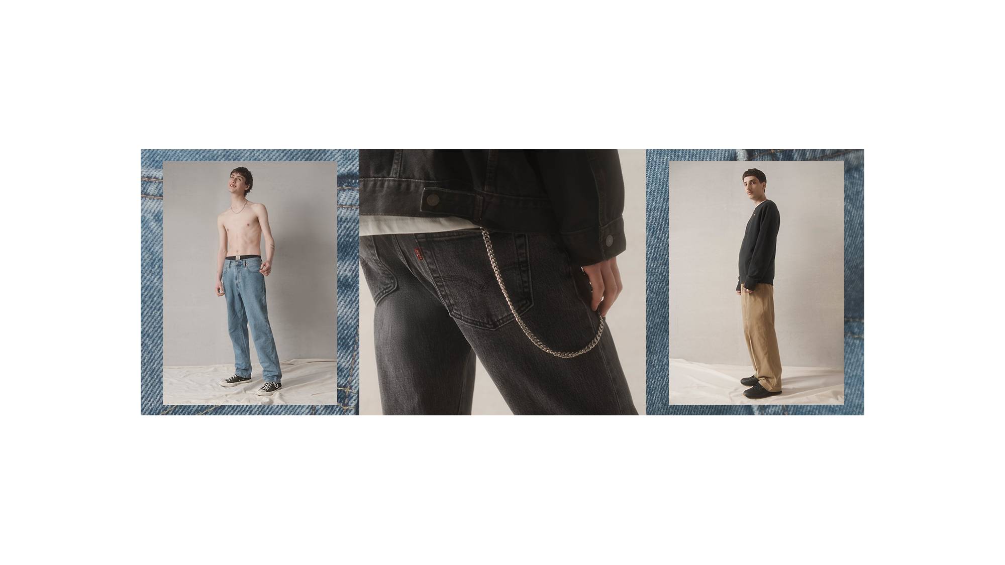 men wearing 3 different pairs of jeans
