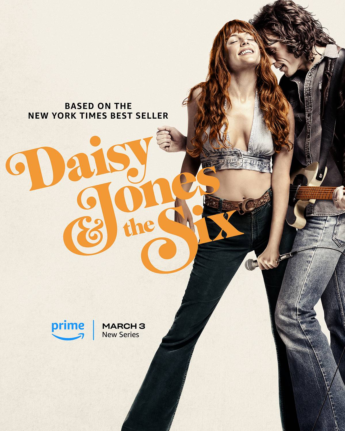 Image of a poster from the Prime Video Show, Daisy Jones & The Six including Riley Keough and Sam Claflin wearing head to toe denim.
