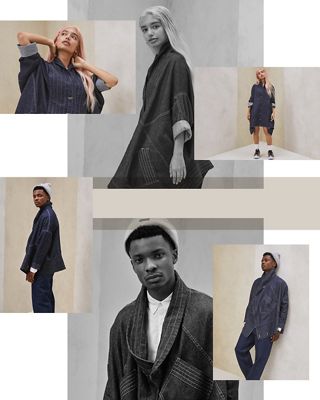 Six images of three models featured in the winning Levi's® Upside-Downable Trucker Jacket, designed to be worn in two different ways.