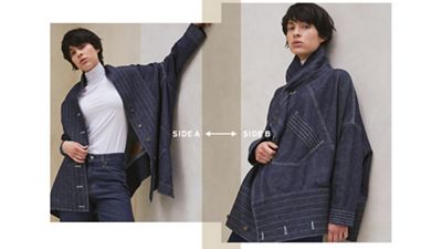 Model showing the two different ways to wear the Upside-Downable Trucker Jacket.