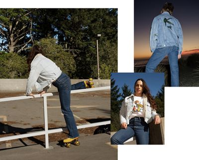 Collage of three images: The left image depicts a woman climbing over a railing while wearing a sherpa trucker jacket and yellow rollerblades. The upper right image is of someone wearing a denim trucker jacket with images of birds painted on the back. The lower right image shows a woman wearing a sherpa trucker jacket and white tee shirt with mushrooms on it.