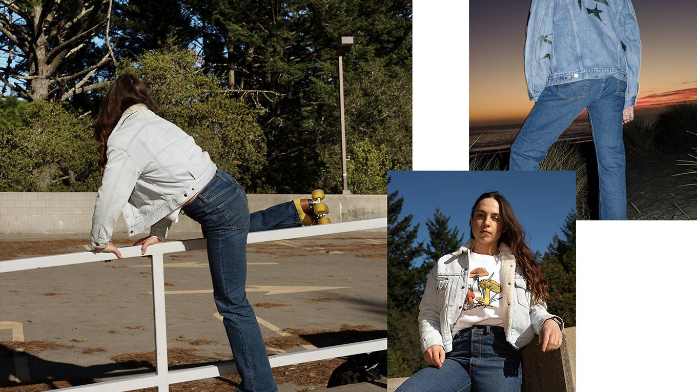 Collage of three images: The left image depicts a woman climbing over a railing while wearing a sherpa trucker jacket and yellow rollerblades. The upper right image is of someone wearing a denim trucker jacket with images of birds painted on the back. The lower right image shows a woman wearing a sherpa trucker jacket and white tee shirt with mushrooms on it.