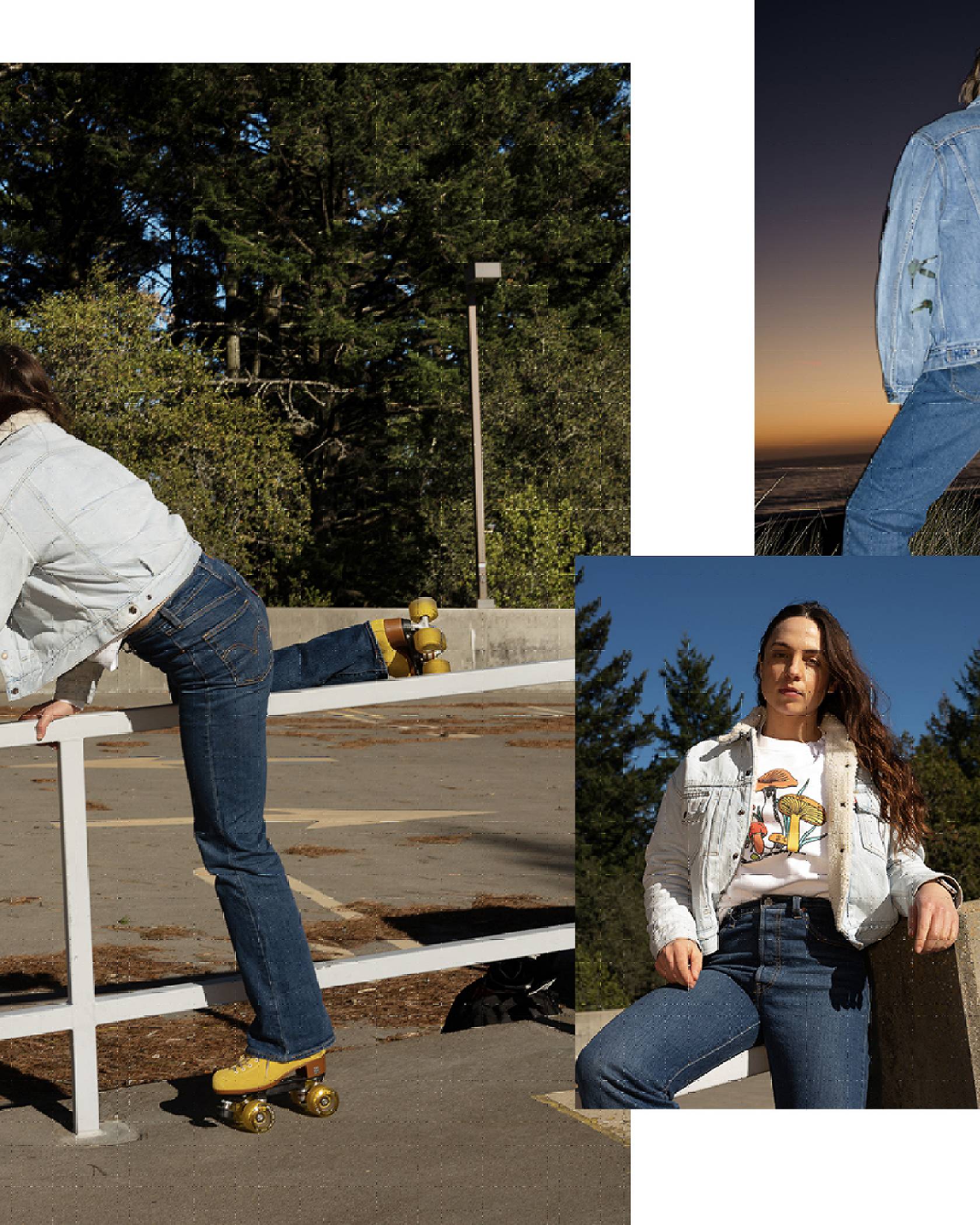 Collage of three images: The left image depicts a woman climbing over a railing while wearing a sherpa trucker jacket and yellow rollerblades. The upper right image is of someone wearing a denim trucker jacket with images of birds painted on the back. The lower right image shows a woman wearing a sherpa trucker jacket and white tee shirt with mushrooms on it.