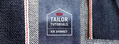 A denim background with the words, "Tailor Tutorials, Jen Sharkey"