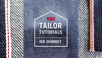 A denim background with the words, "Tailor Tutorials, Jen Sharkey"