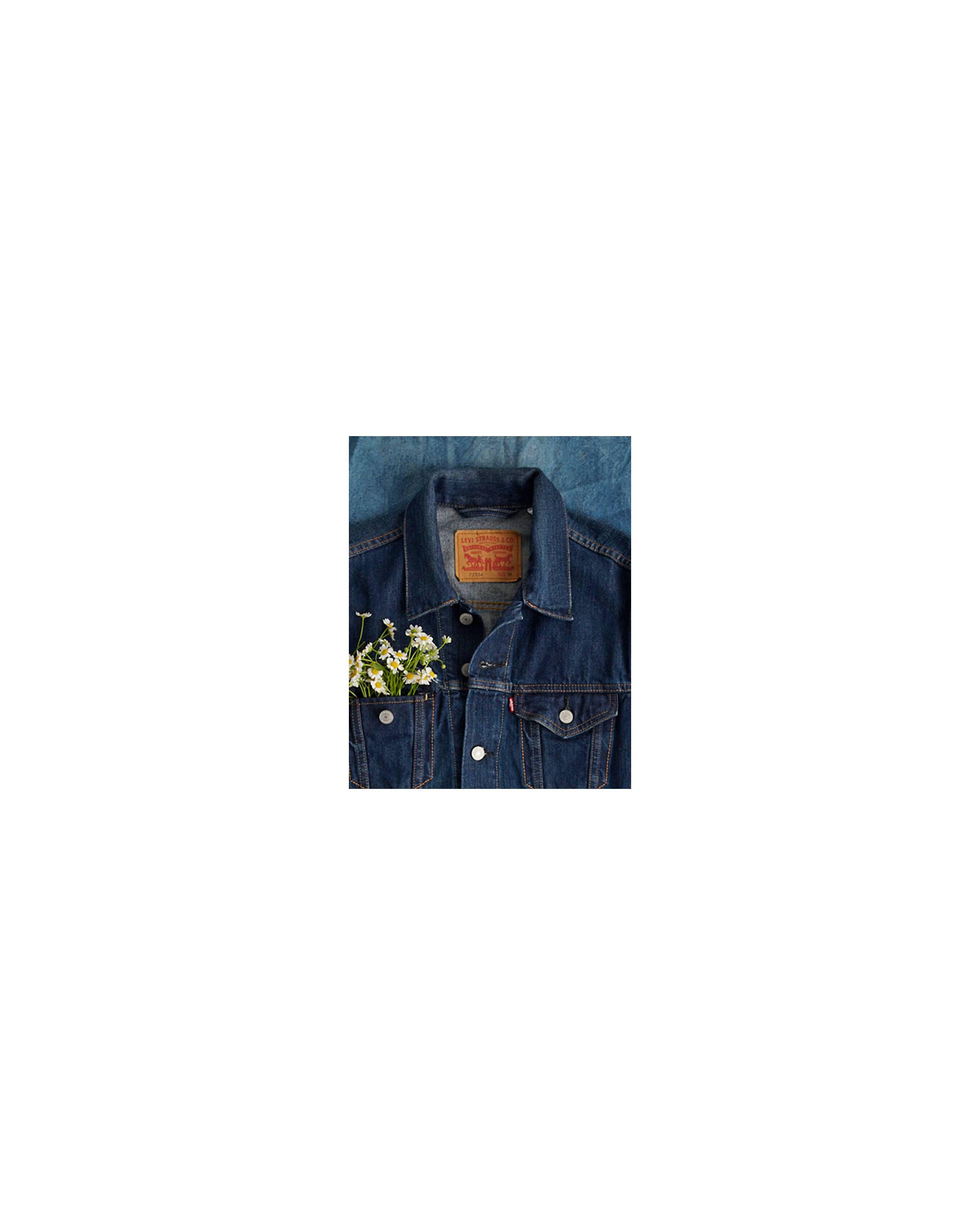 denim jacket with flower in pocket