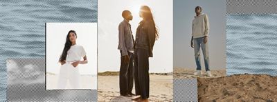 An image of the ocean overlaid by three different images of models wearing Levi's Wellthread.