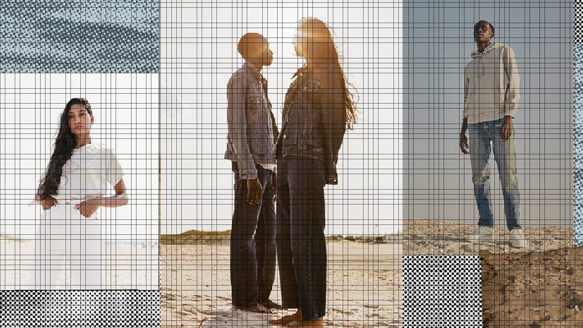 An image of the ocean overlaid by three different images of models wearing Levi's Wellthread.
