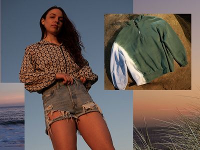 Collage of four images: the left image is of the beach at sunset, the middle left image is of a model wearing a floral jacket and denim cutoff shorts, the middle right image is of a turquoise sweatshirt laid on a rock and the furthest right image is of a person standing on one foot on a ledge, raising their arms while wearing a purple shirt, denim trucker jacket and denim blue jeans.