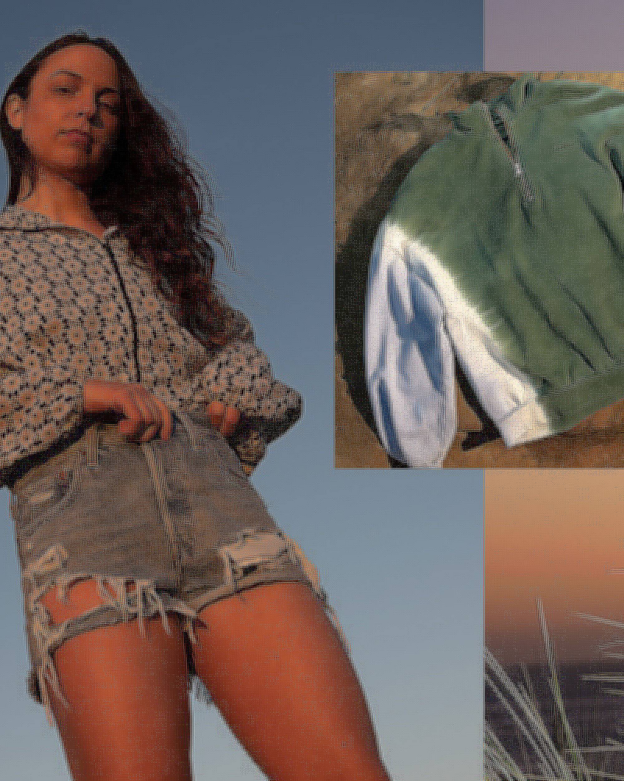 Collage of four images: the left image is of the beach at sunset, the middle left image is of a model wearing a floral jacket and denim cutoff shorts, the middle right image is of a turquoise sweatshirt laid on a rock and the furthest right image is of a person standing on one foot on a ledge, raising their arms while wearing a purple shirt, denim trucker jacket and denim blue jeans.