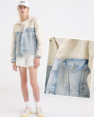 woman wearing denim jacket and shorts