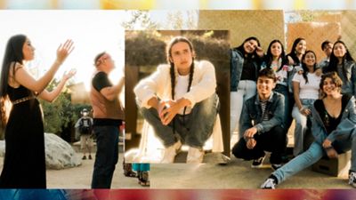 Three images with Xiuhtezcatl in the middle and an image of his community on each side.