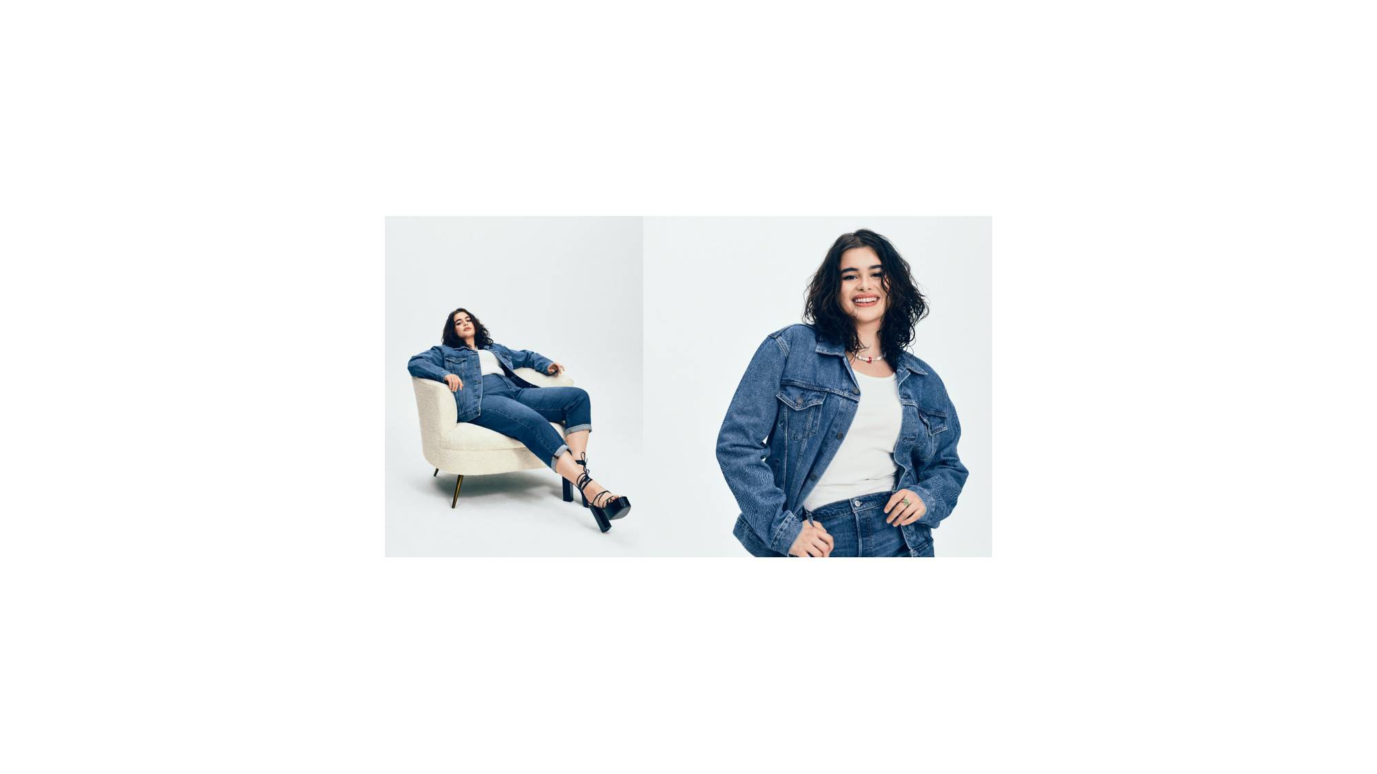 Three photos of Barbie Ferreira in a Levi's trucker jacket and jeans