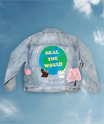 Heal the world on back of trucker jacket